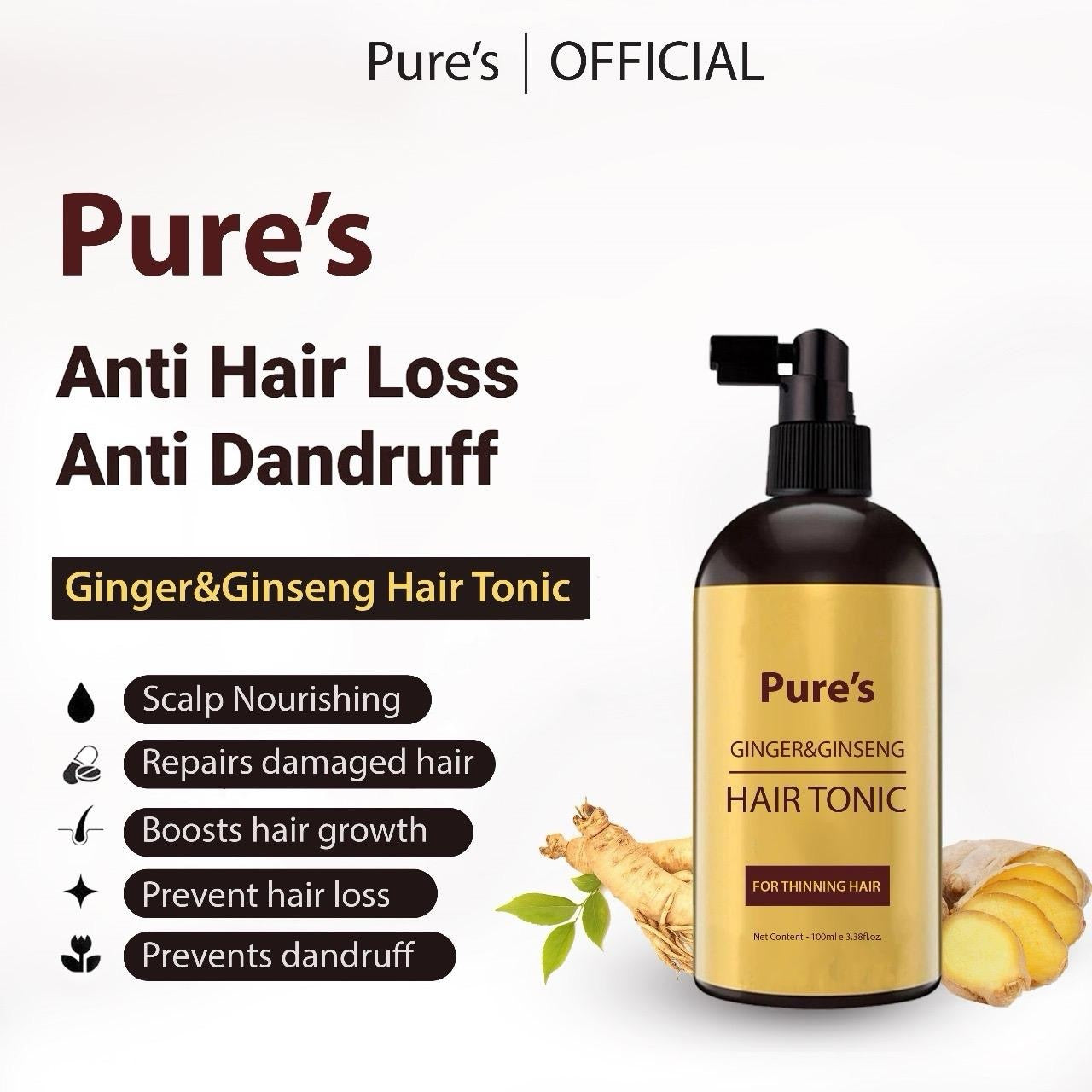 Pure’s Hair Tonic Ginger&Ginseng Organic Haircare hair loss product Koko Shampoo Conditioner Clean